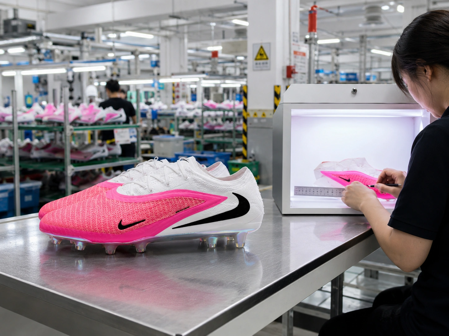 Technician inspecting soccer cleat bonding
