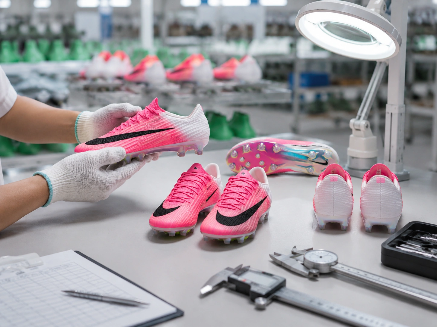 Side profile of OEM soccer cleat showing upper construction