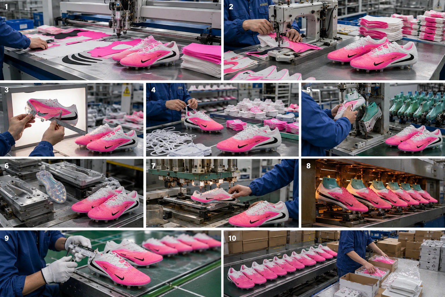 Soccer cleat production sequence from raw material to export carton